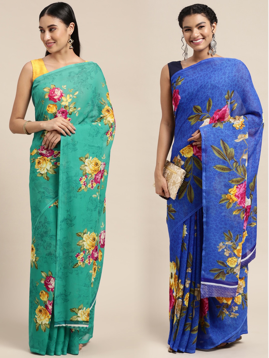 

KALINI Women Pack Of 2 Printed Sarees, Sea green