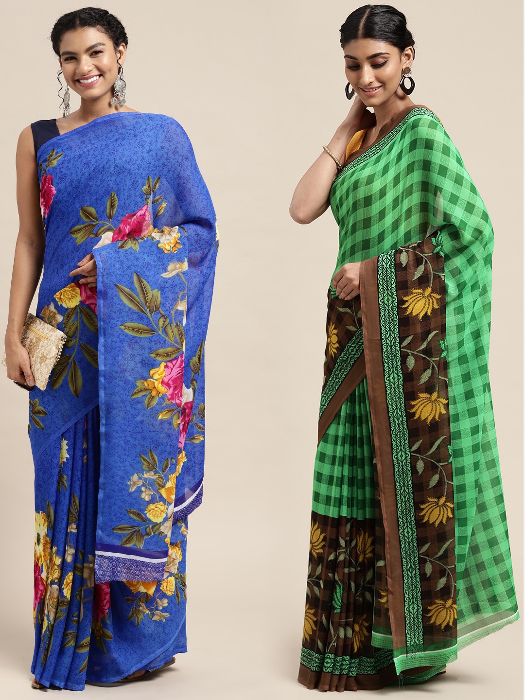 

KALINI Pack of 2 Printed Poly Georgette Sarees, Blue