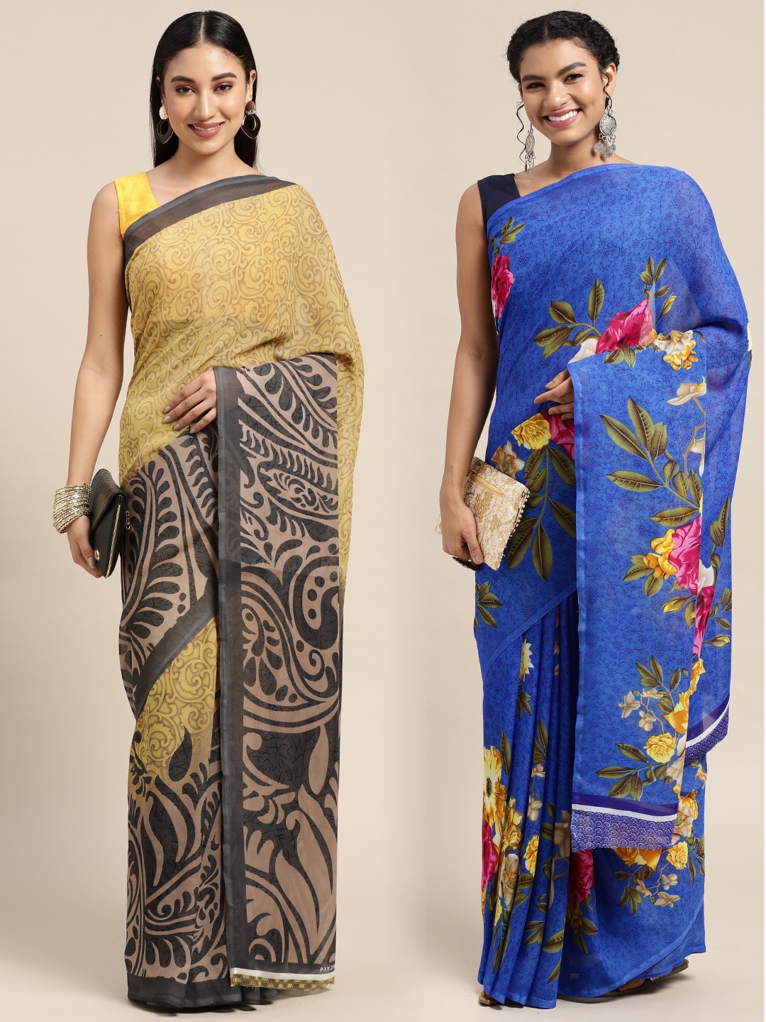 

KALINI Pack of 2 Printed Poly Georgette Sarees, Yellow