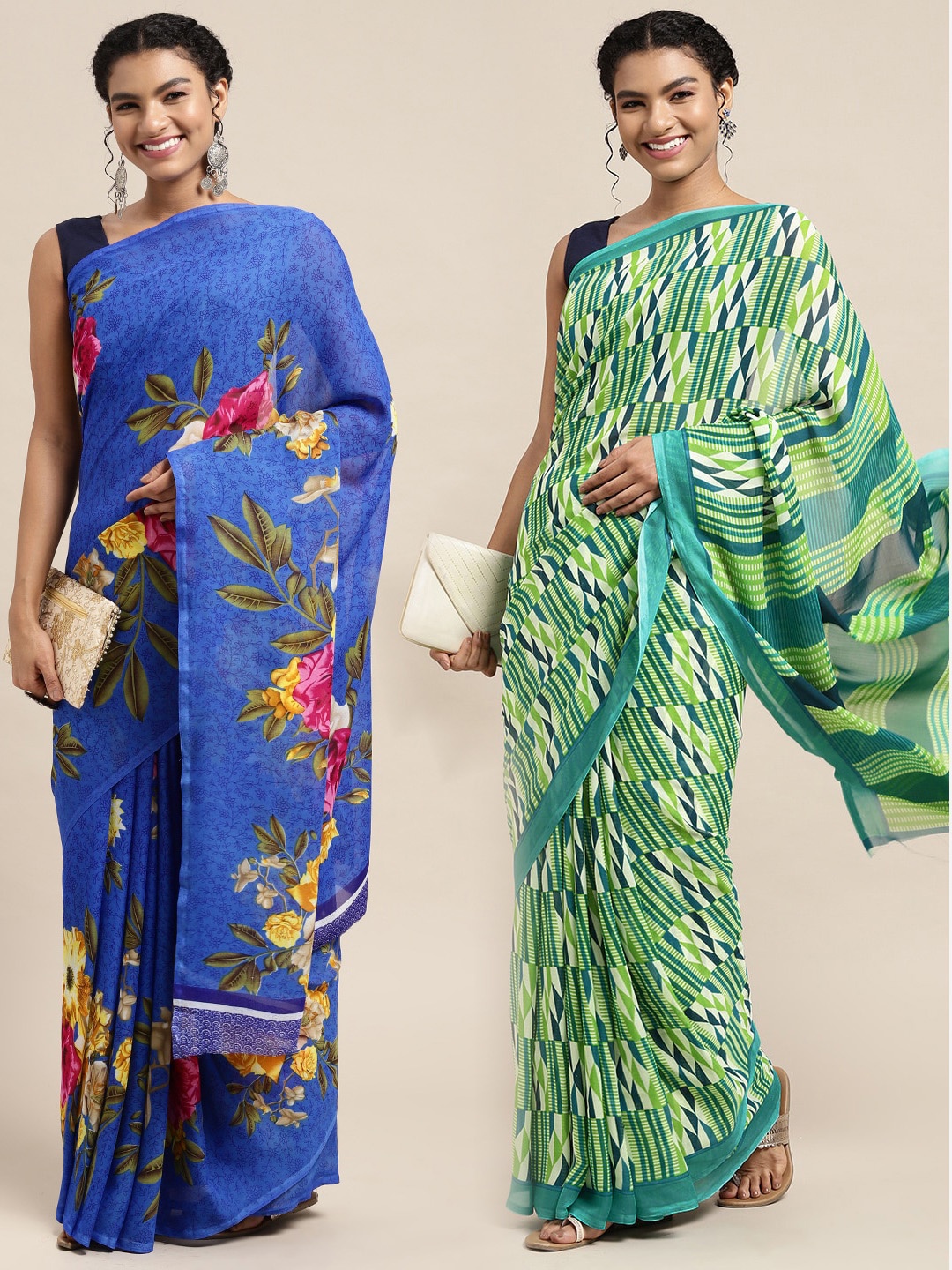 

KALINI Pack of 2 Floral Printed Saree, Blue