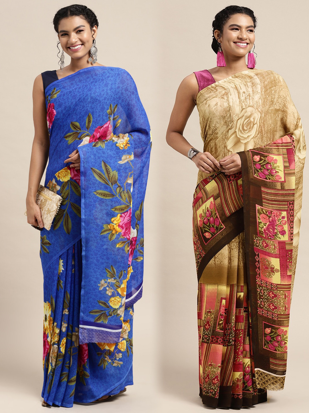 

KALINI Pack of 2 Printed Poly Georgette Sarees, Blue