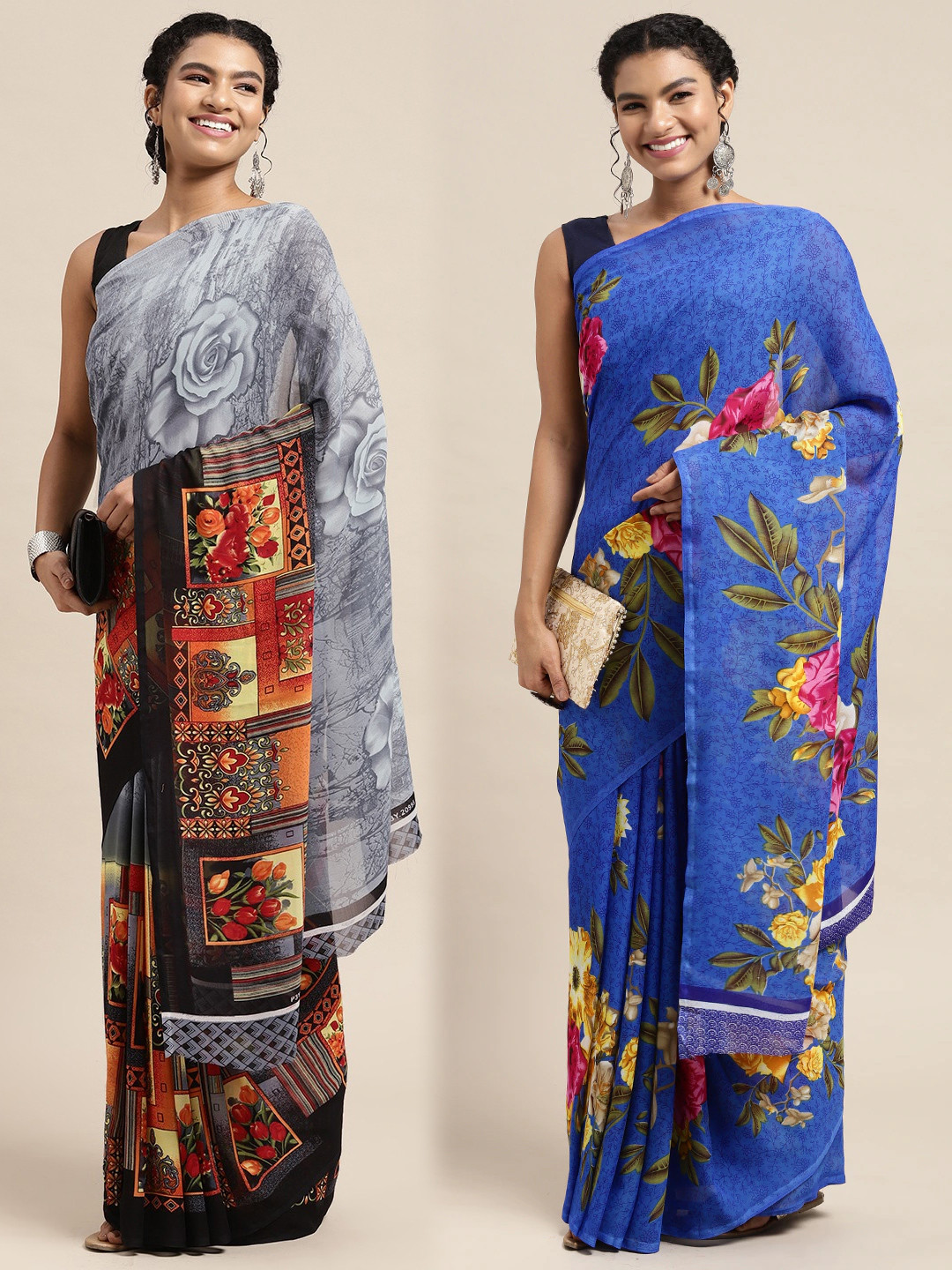 

KALINI Pack of 2 Floral Printed Saree, Grey
