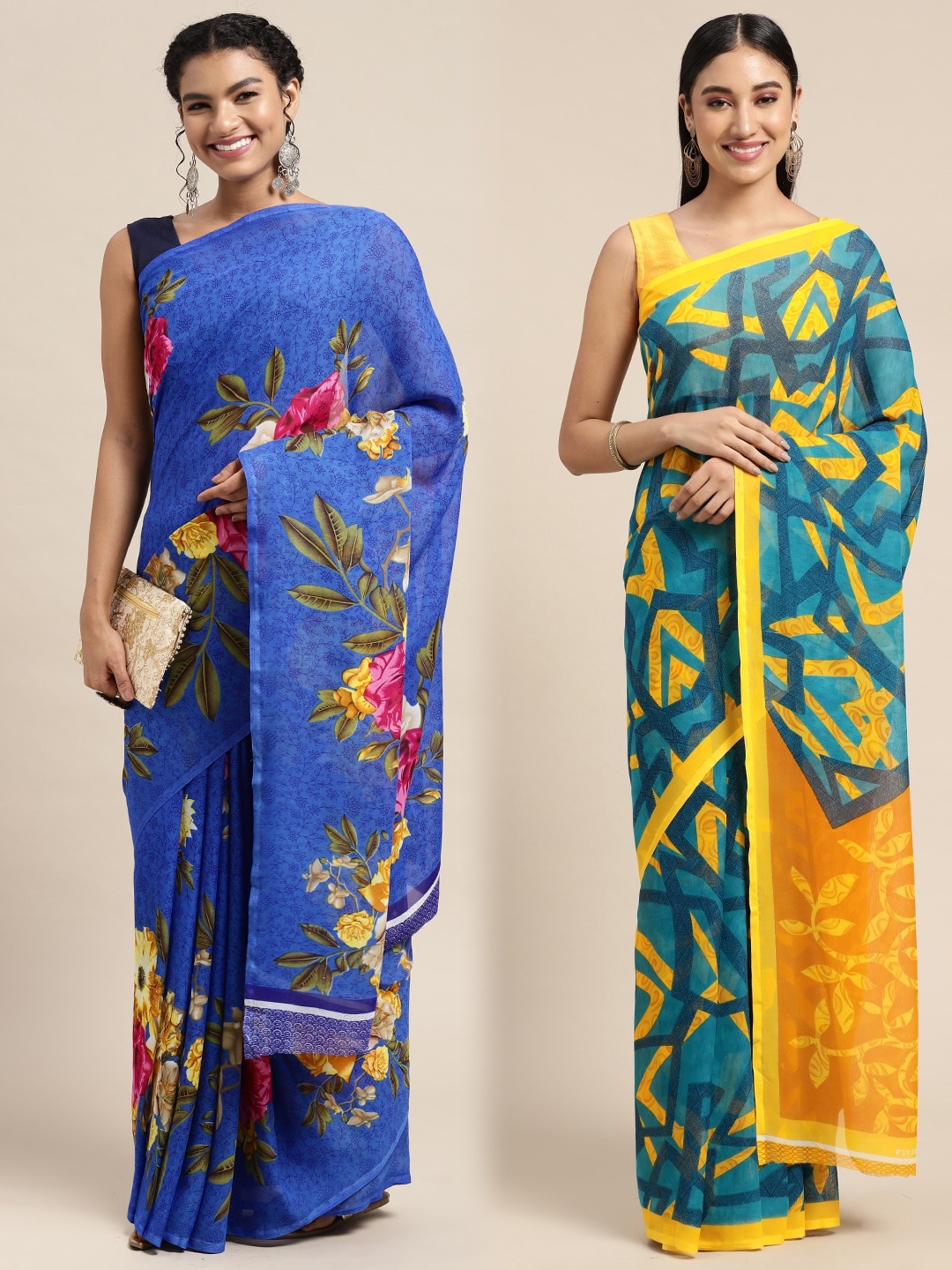 

KALINI Pack Of 2 Blue & Green Floral Saree