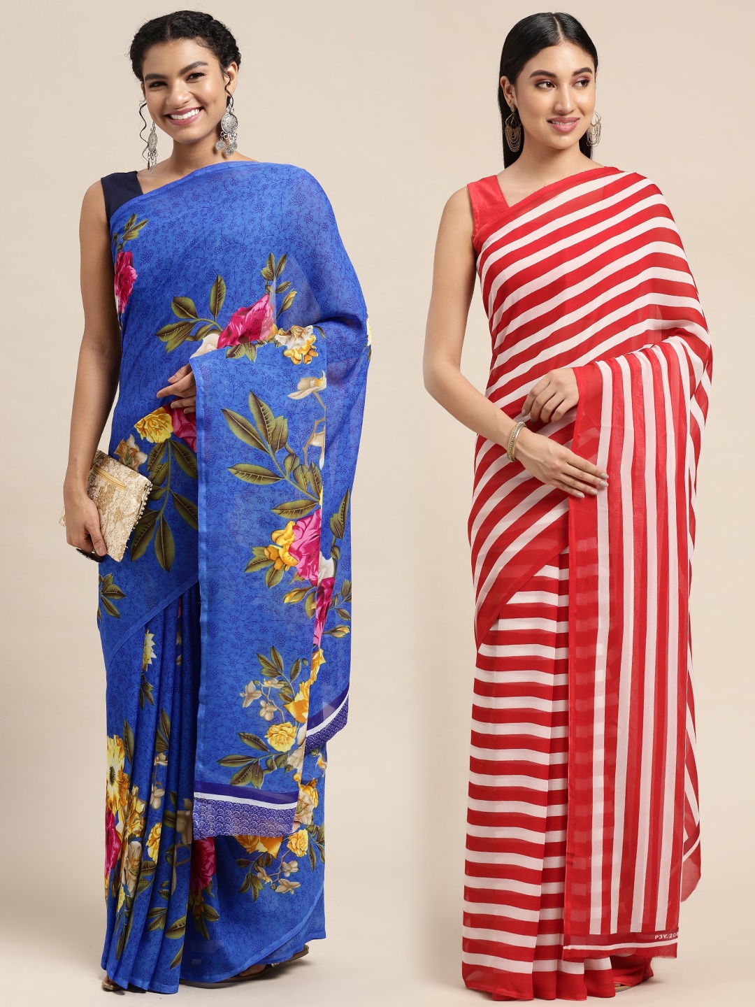 

KALINI Pack Of 2 Blue & Red Floral Saree