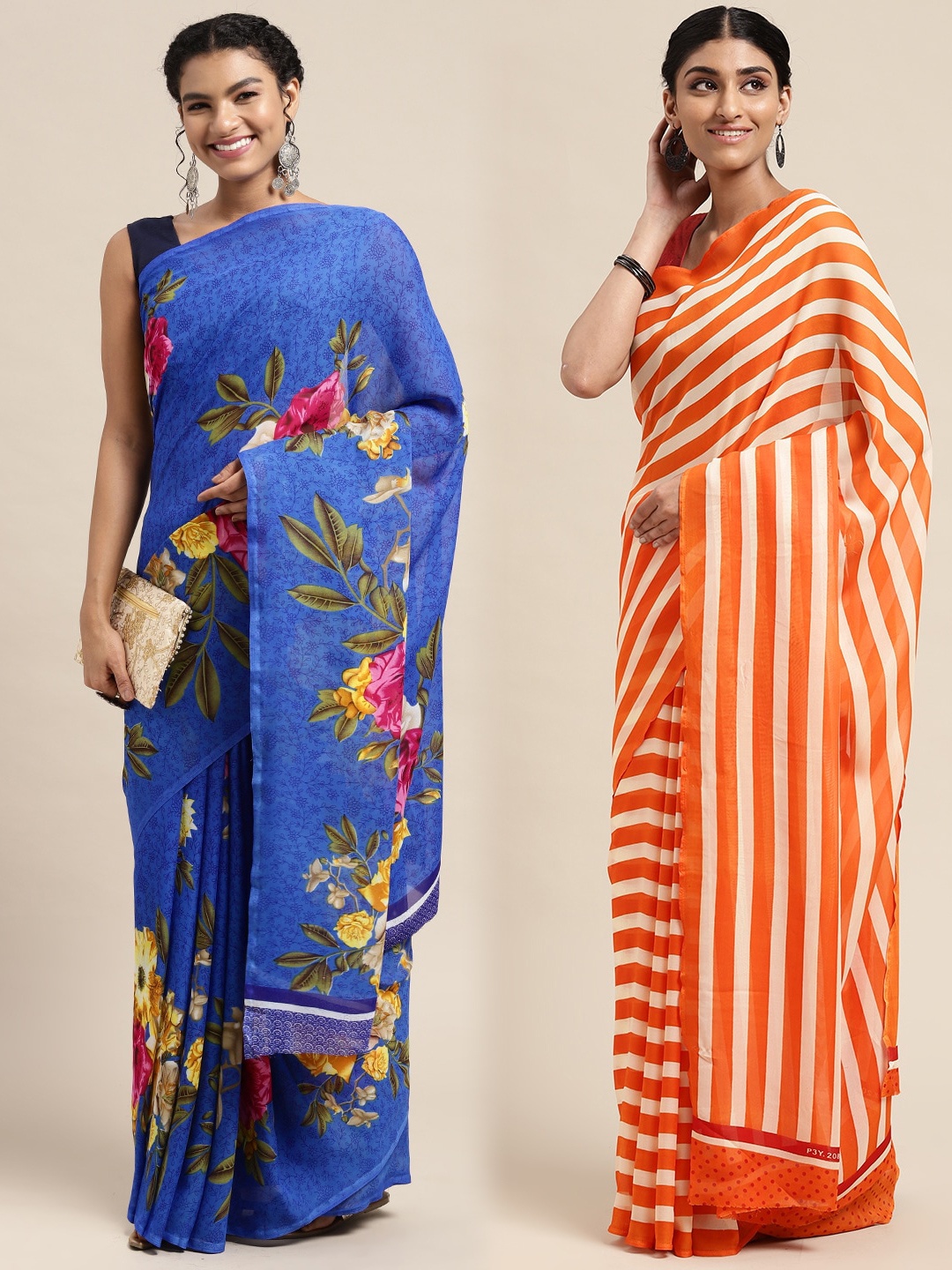 

KALINI Pack of 2 Printed Poly Georgette Sarees, Blue