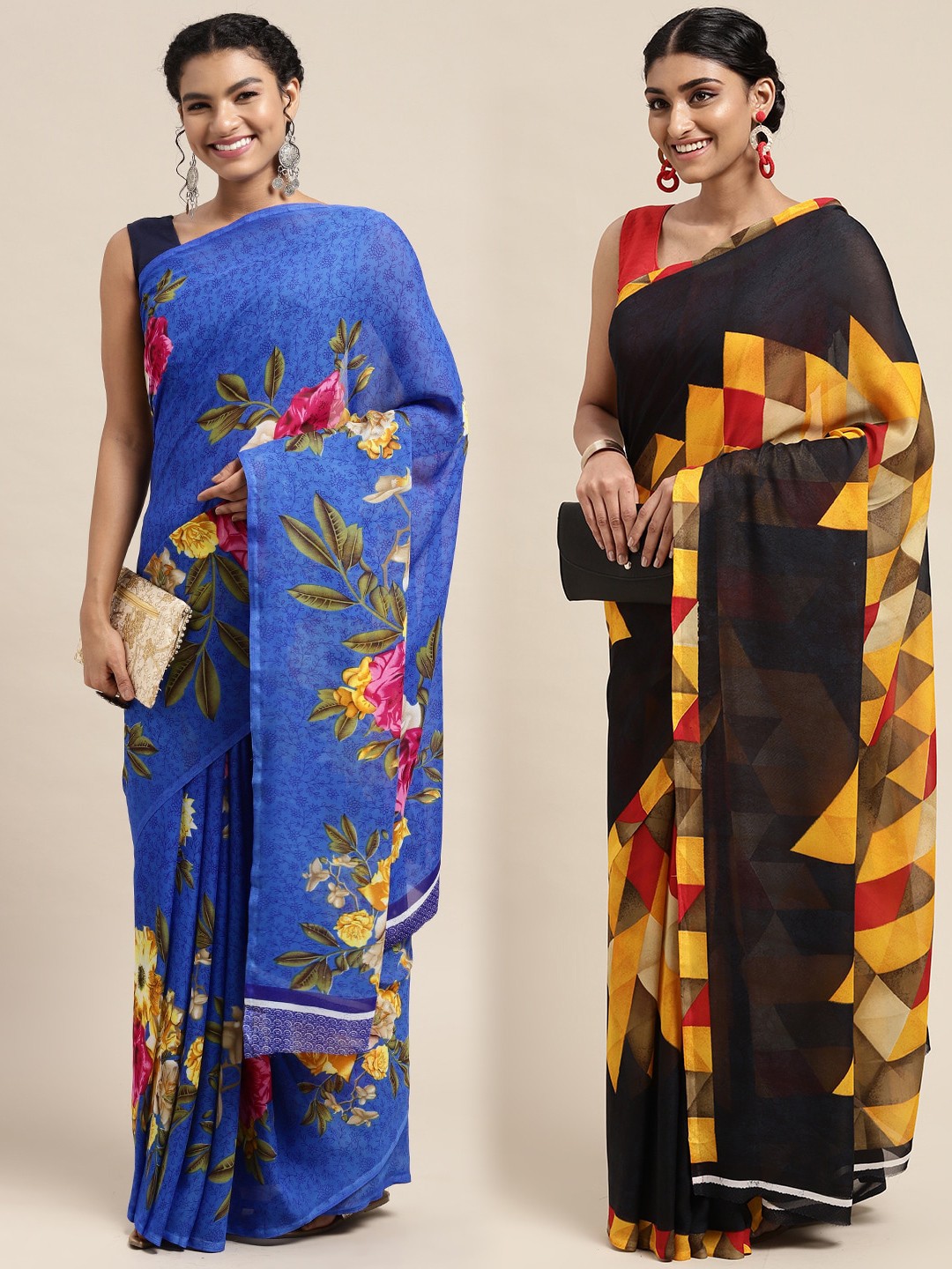 

KALINI Pack Of 2 Black & Blue Floral Saree