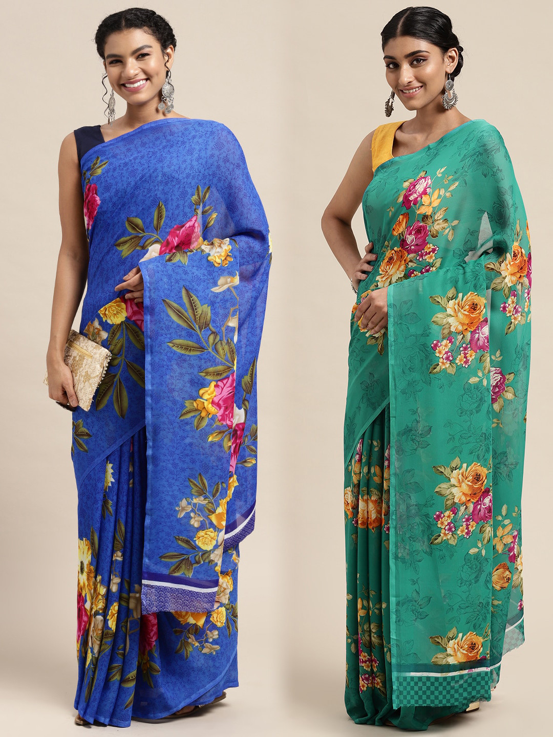 

KALINI Pack of 2 Floral Printed Saree, Blue