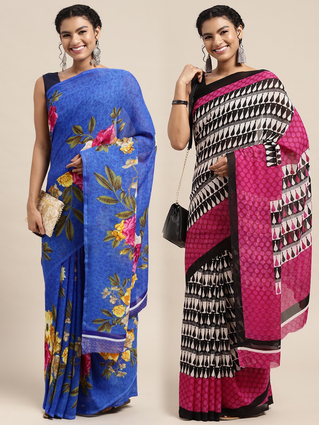 

KALINI Pack Of 2 Blue & Maroon Floral Saree