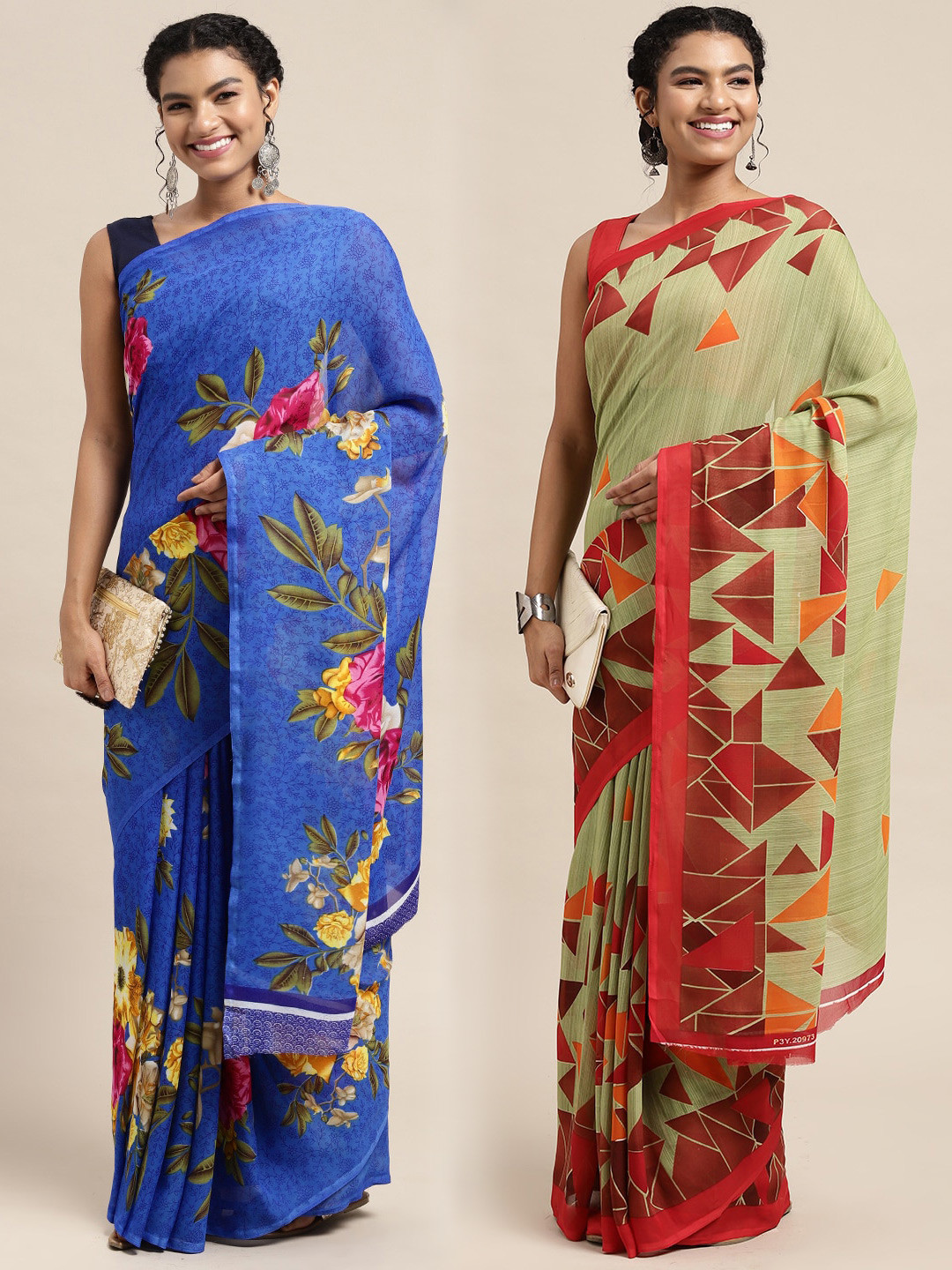 

KALINI Pack of 2 Floral Printed Saree, Green