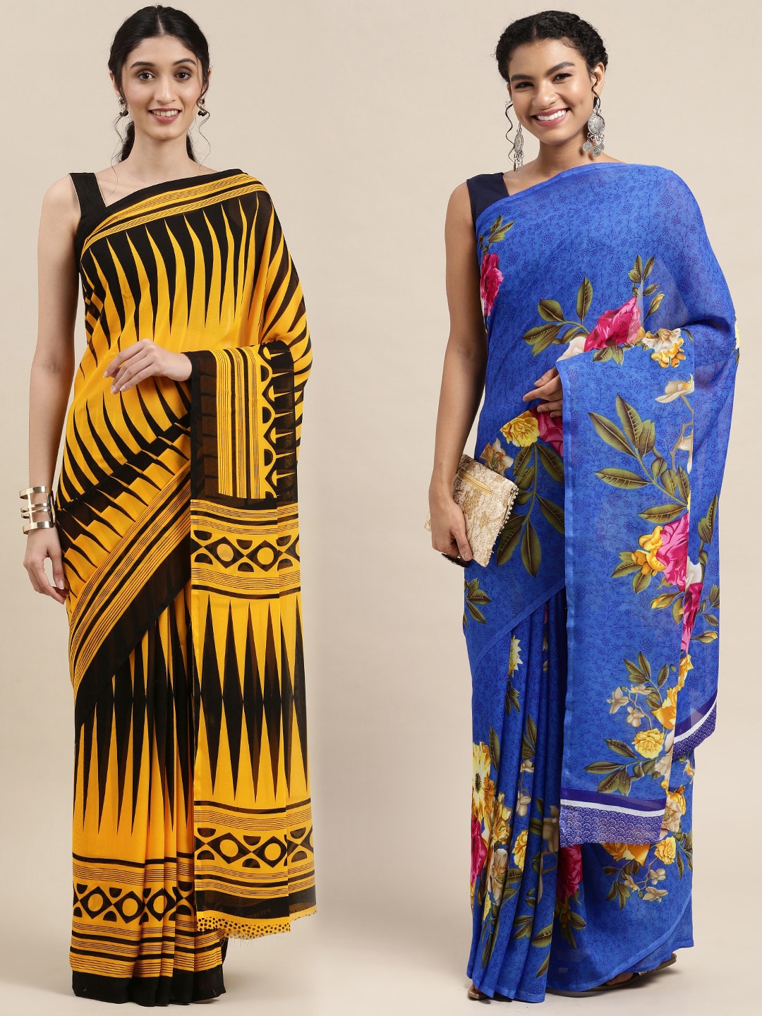 

KALINI Pack Of 2 Black & Blue Floral Saree