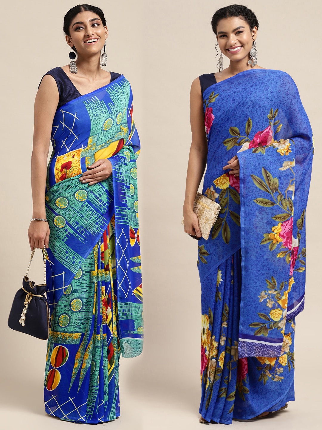 

KALINI Pack of 2 Printed Sarees, Blue