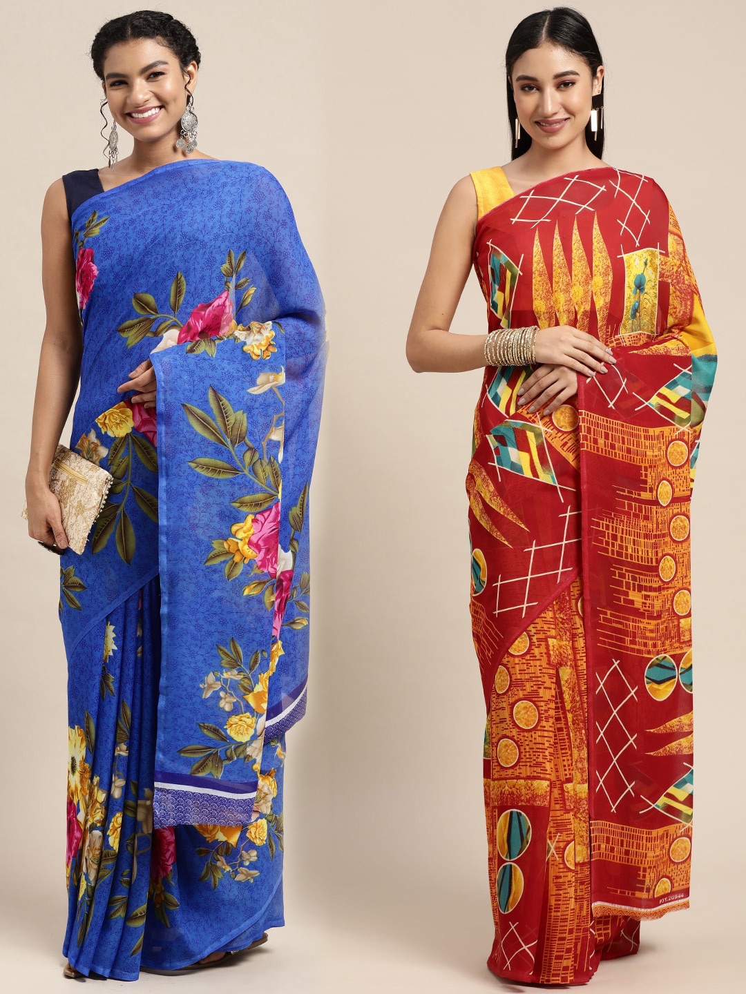 

KALINI Pack of 2 Floral Printed Saree, Orange