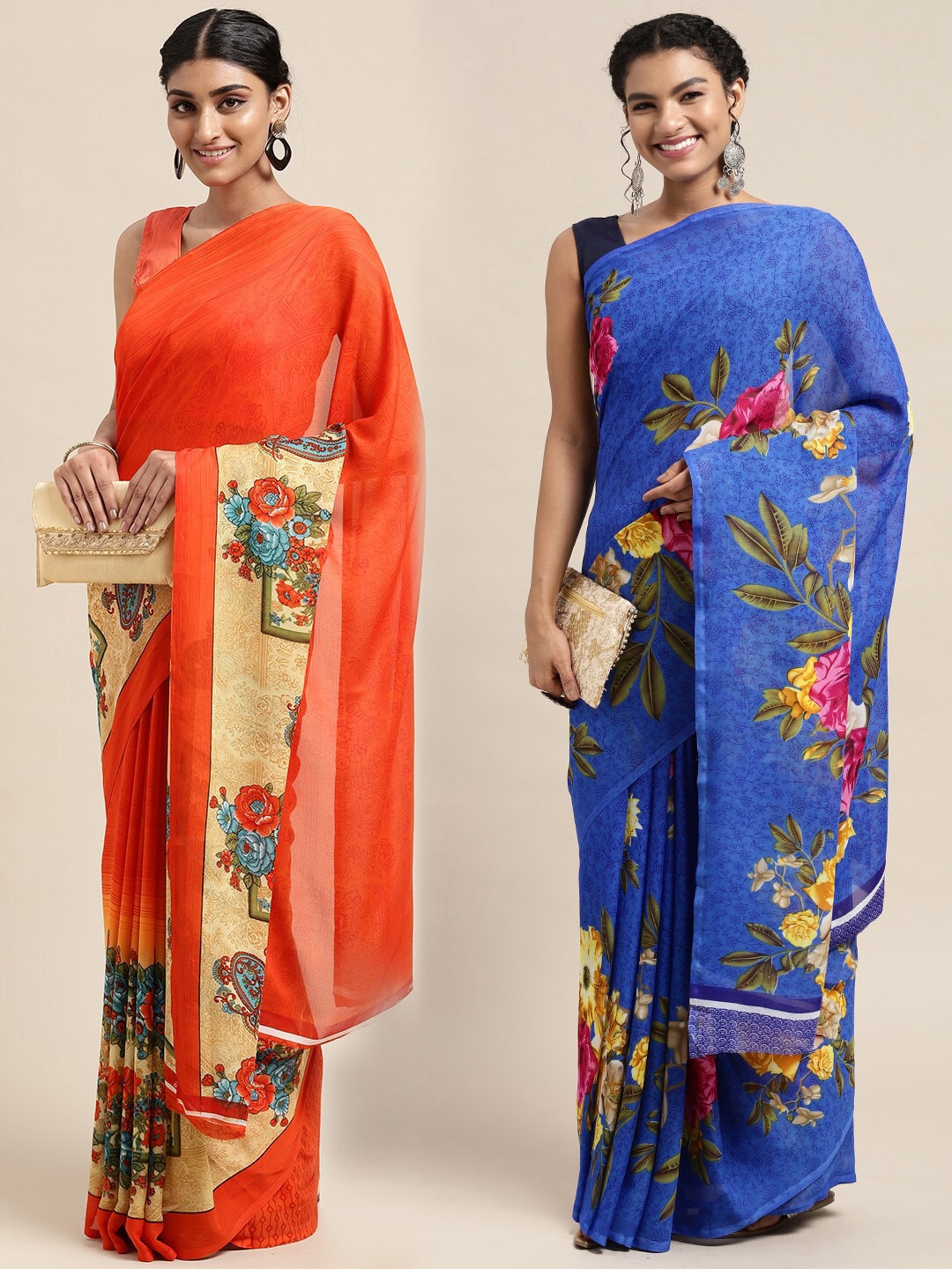 

KALINI Pack Of 2 Orange & Blue Floral Saree