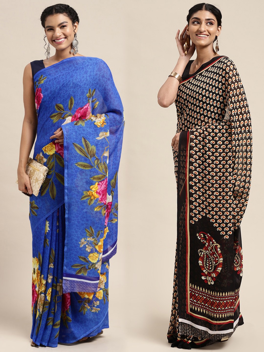 

KALINI Pack Of 2 Black & Blue Floral Saree