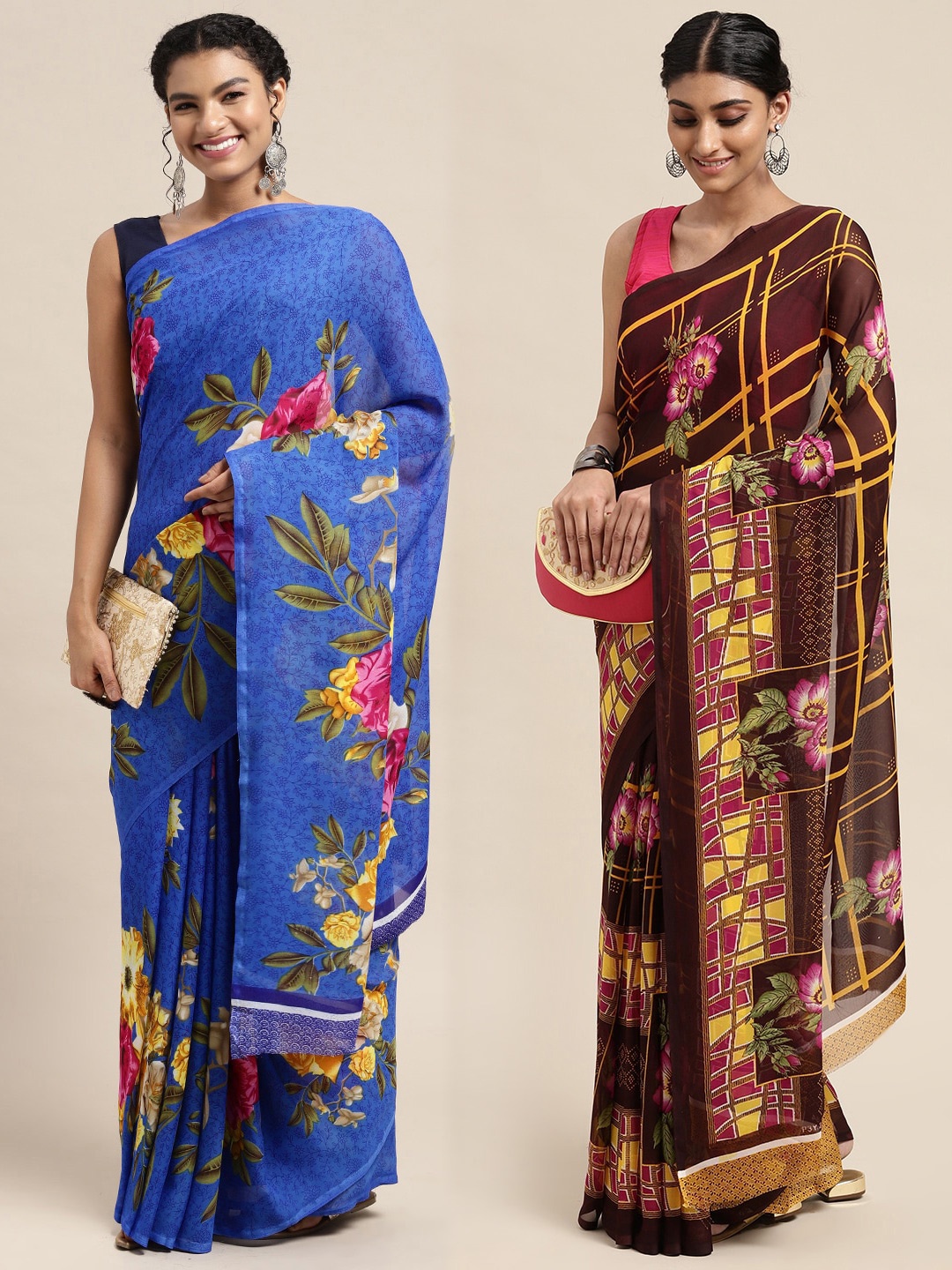 

KALINI Pack of 2 Floral Printed Saree, Brown