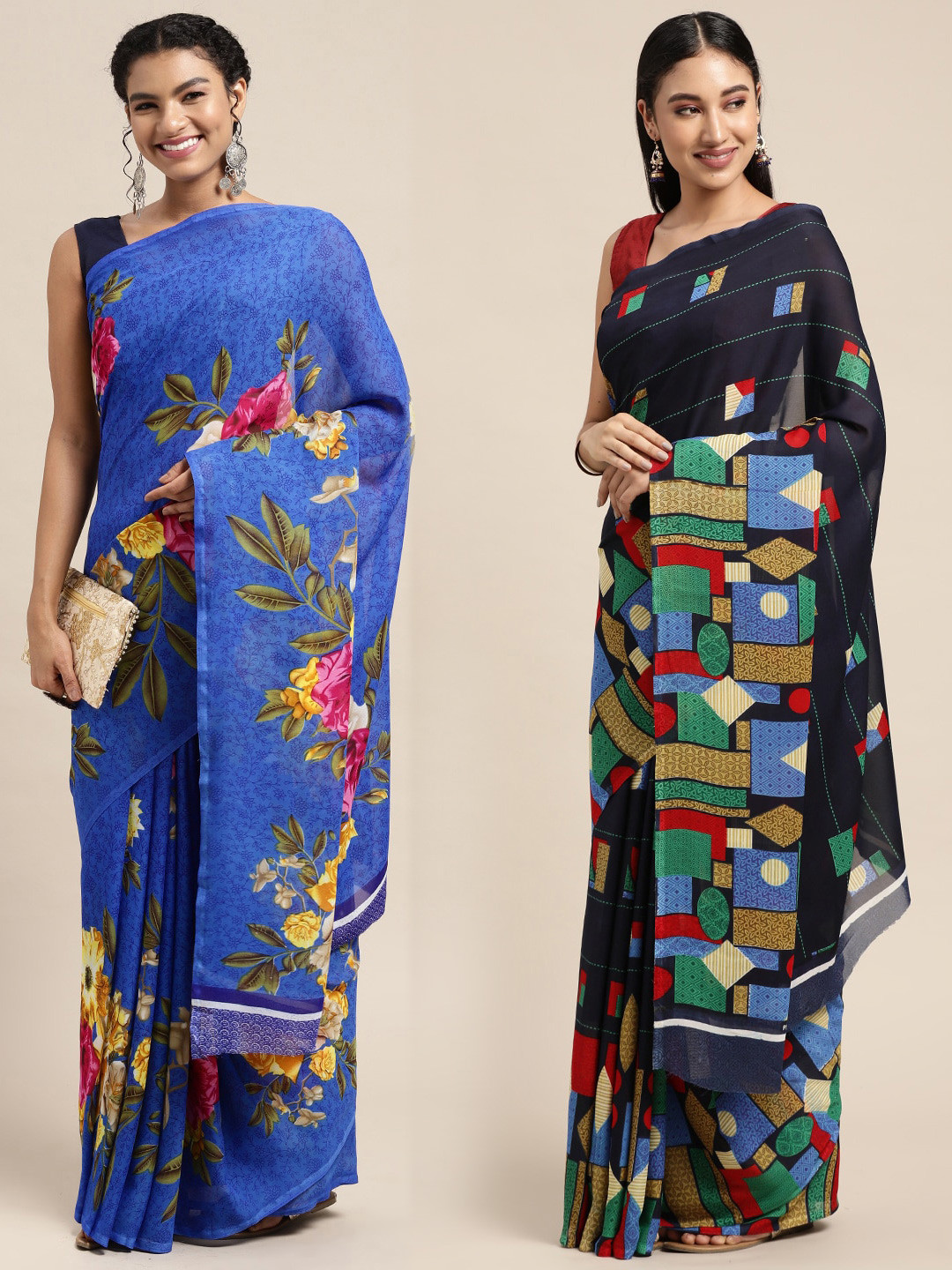 

KALINI Pack Of 2 Black & Blue Floral Saree