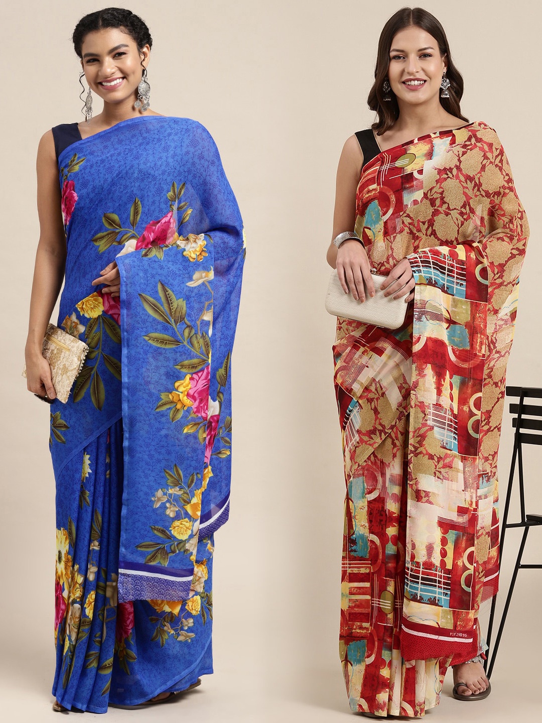 

KALINI Pack of 2 Printed Sarees, Red