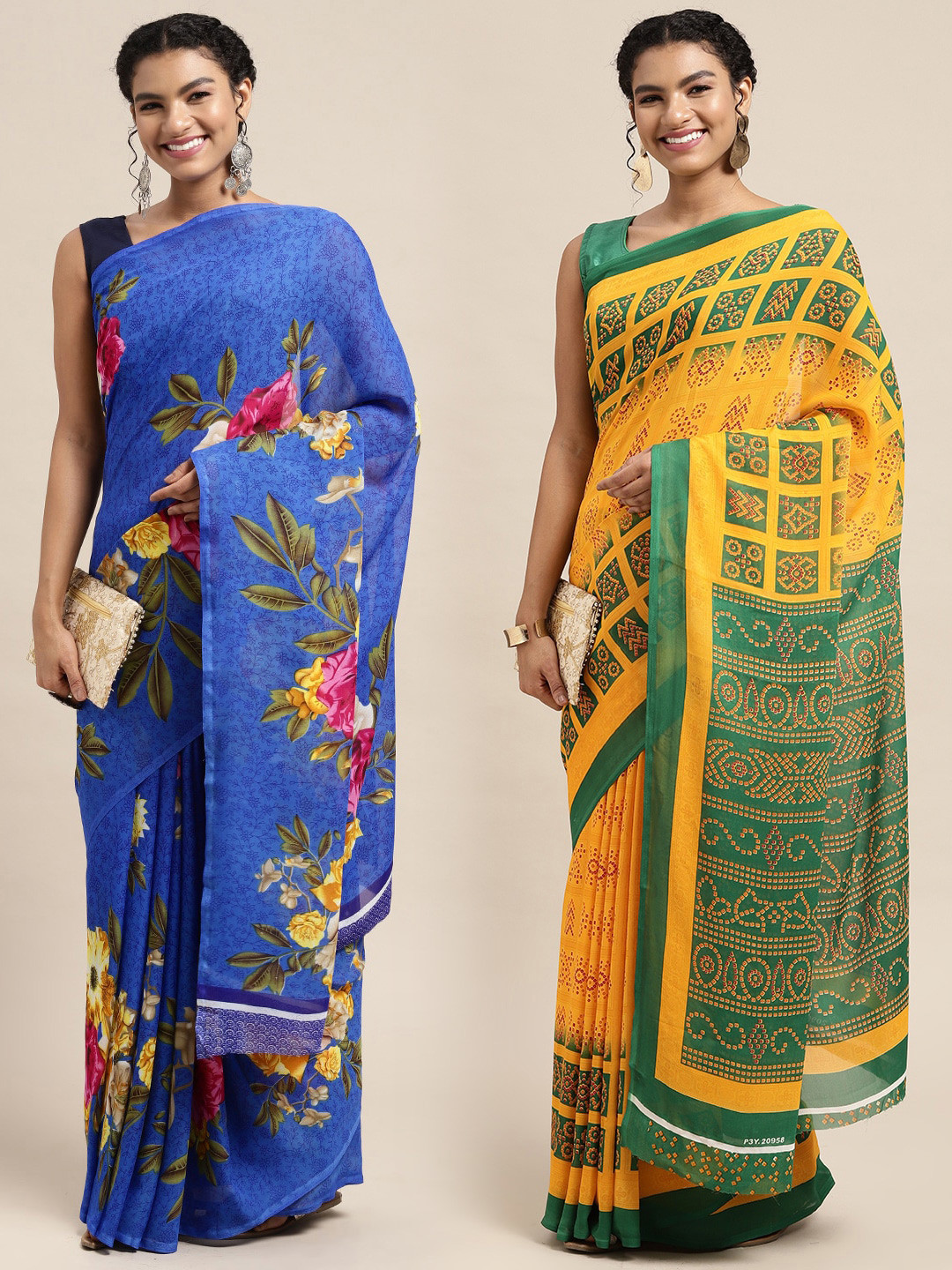 

KALINI Pack Of 2 Yellow & Blue Floral Saree