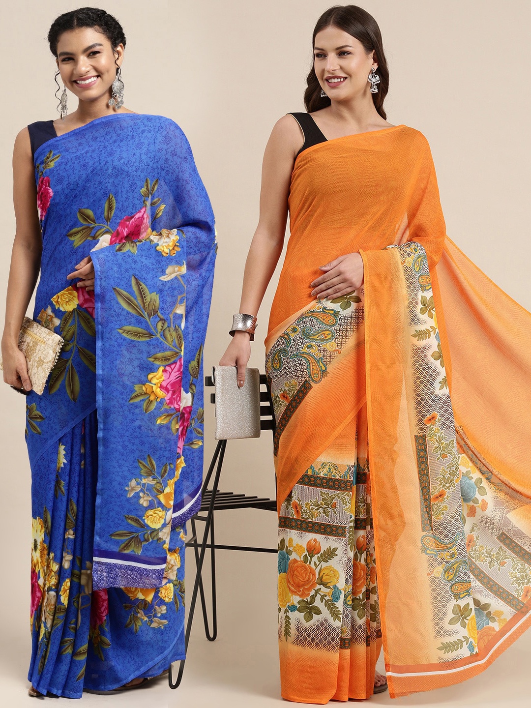 

KALINI Pack of 2 Printed Sarees, Orange