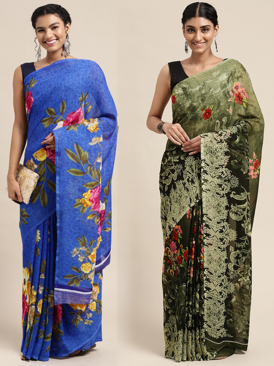 

KALINI Pack of 2 Floral Printed Saree, Green