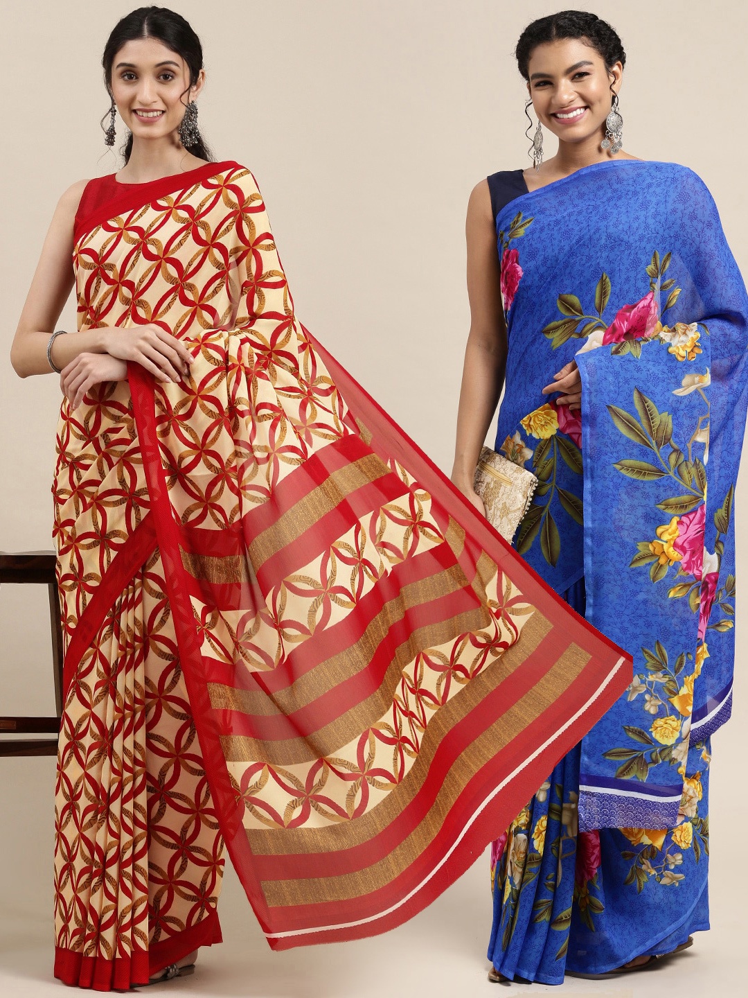 

KALINI Pack Of 2 Red & Blue Floral Saree