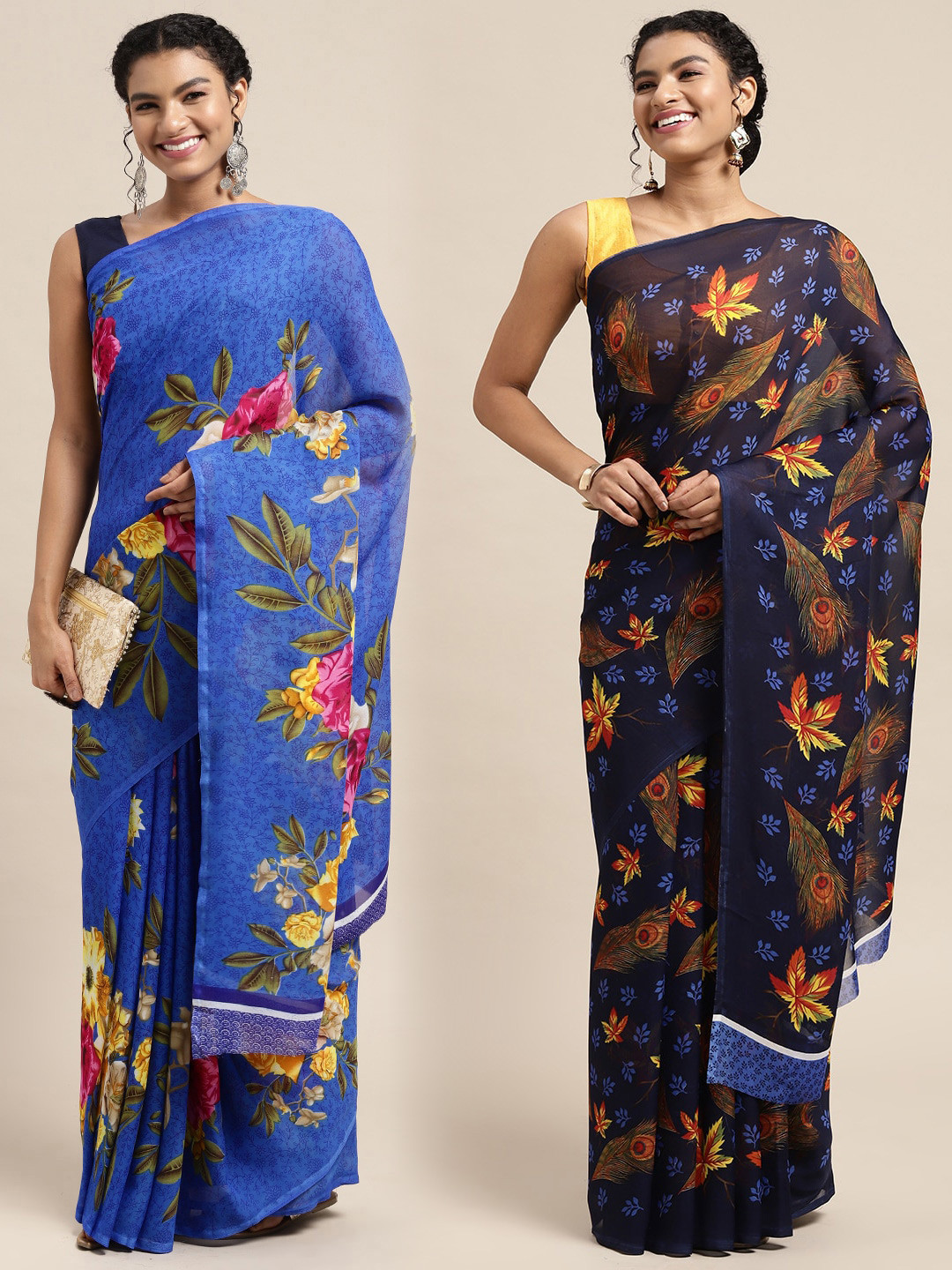 

KALINI Pack Of 2 Black & Blue Floral Saree