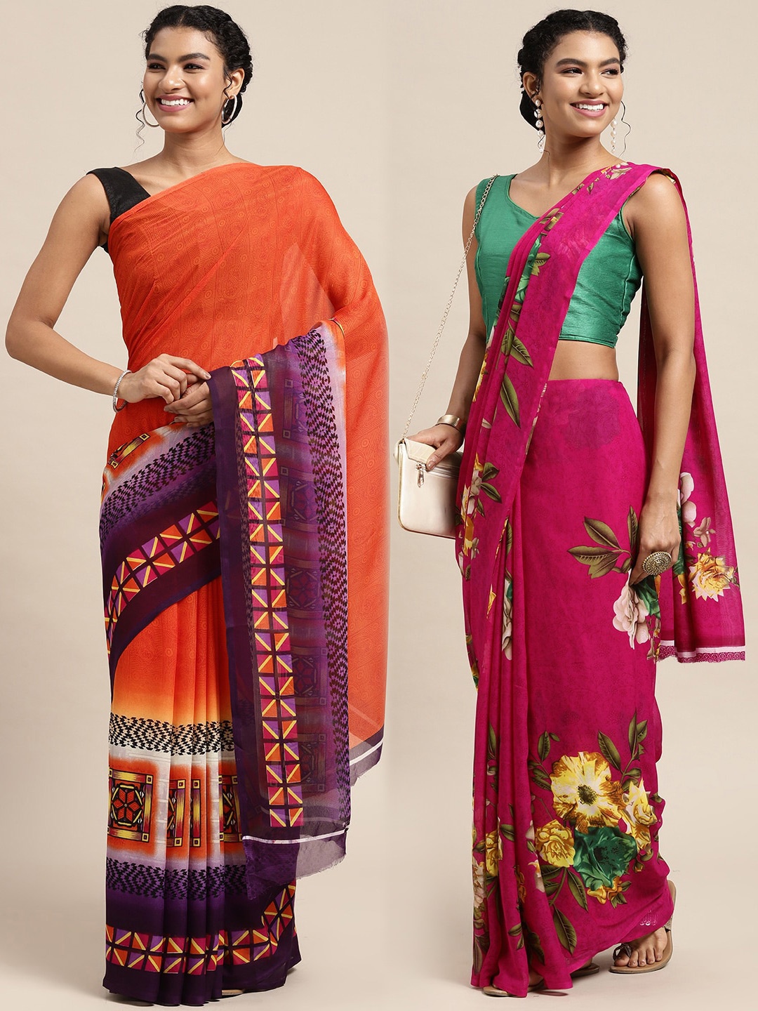 

KALINI Pack of 2 Printed Sarees, Pink