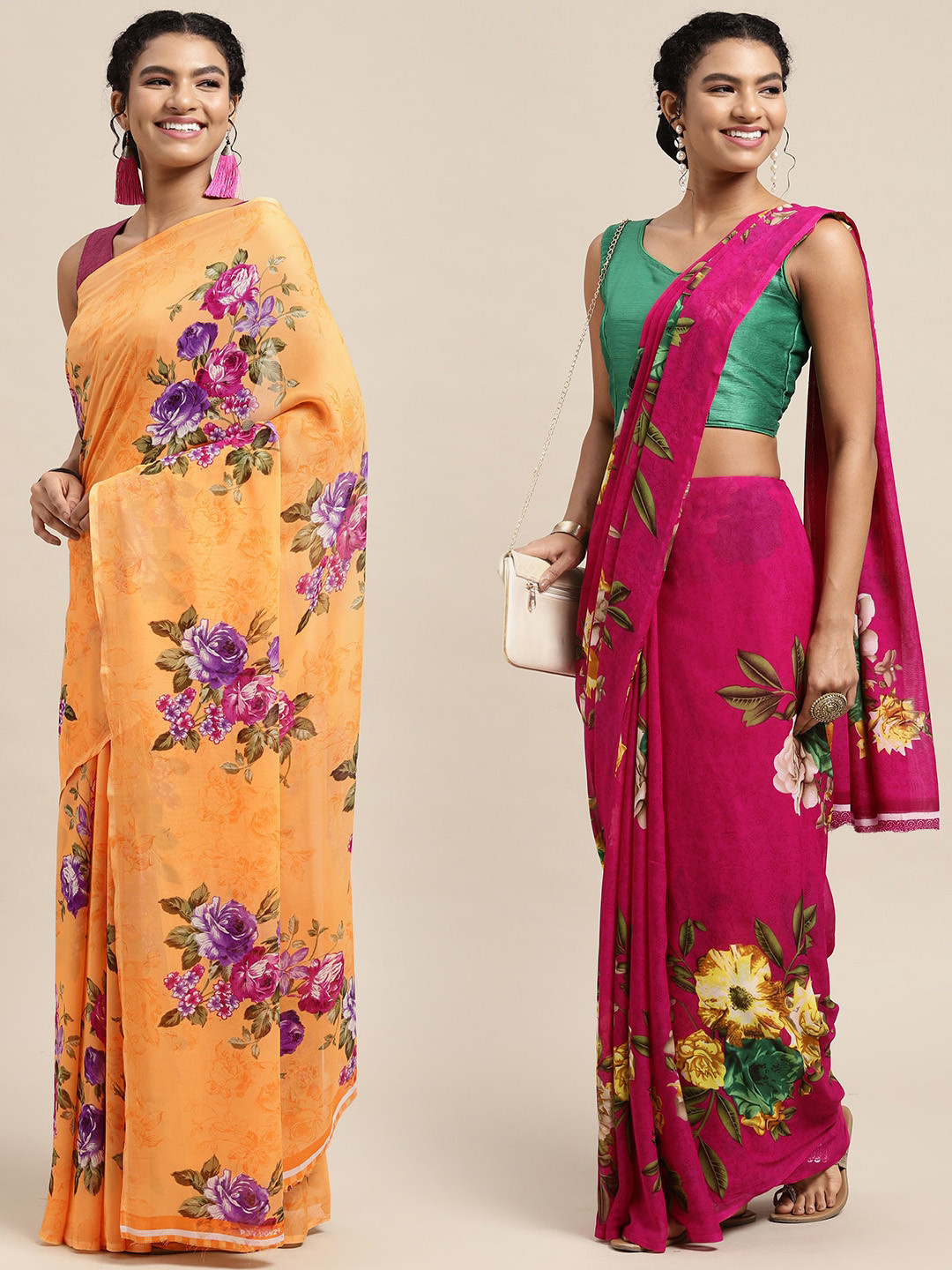 

KALINI Pack of 2 Floral Printed Saree, Pink