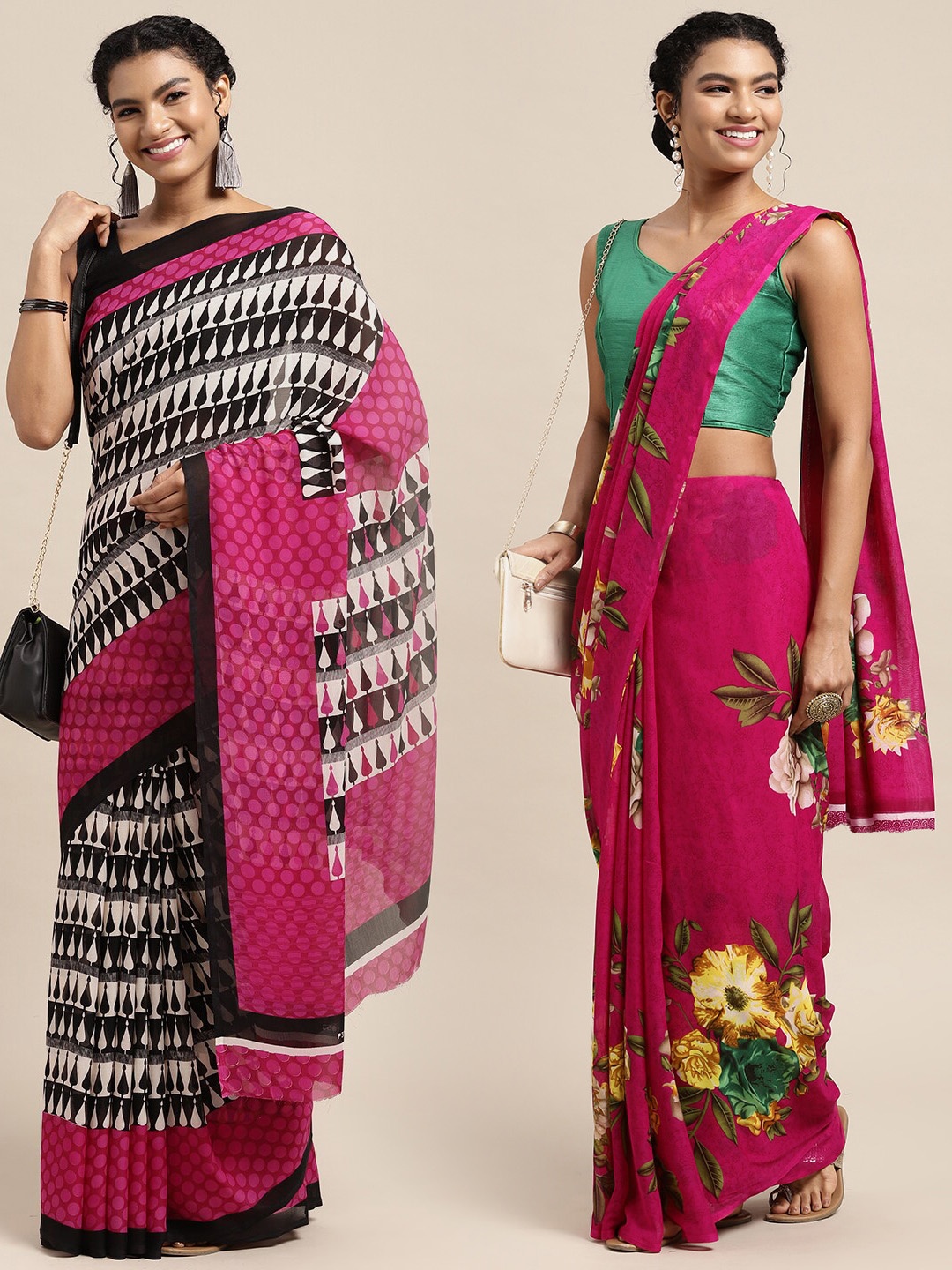 

KALINI Pack Of 2 Magenta Floral Print Saree