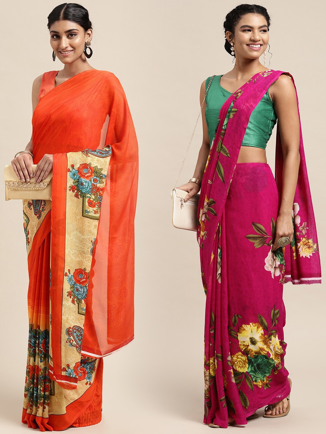 

KALINI Pack of 2 Printed Sarees, Pink