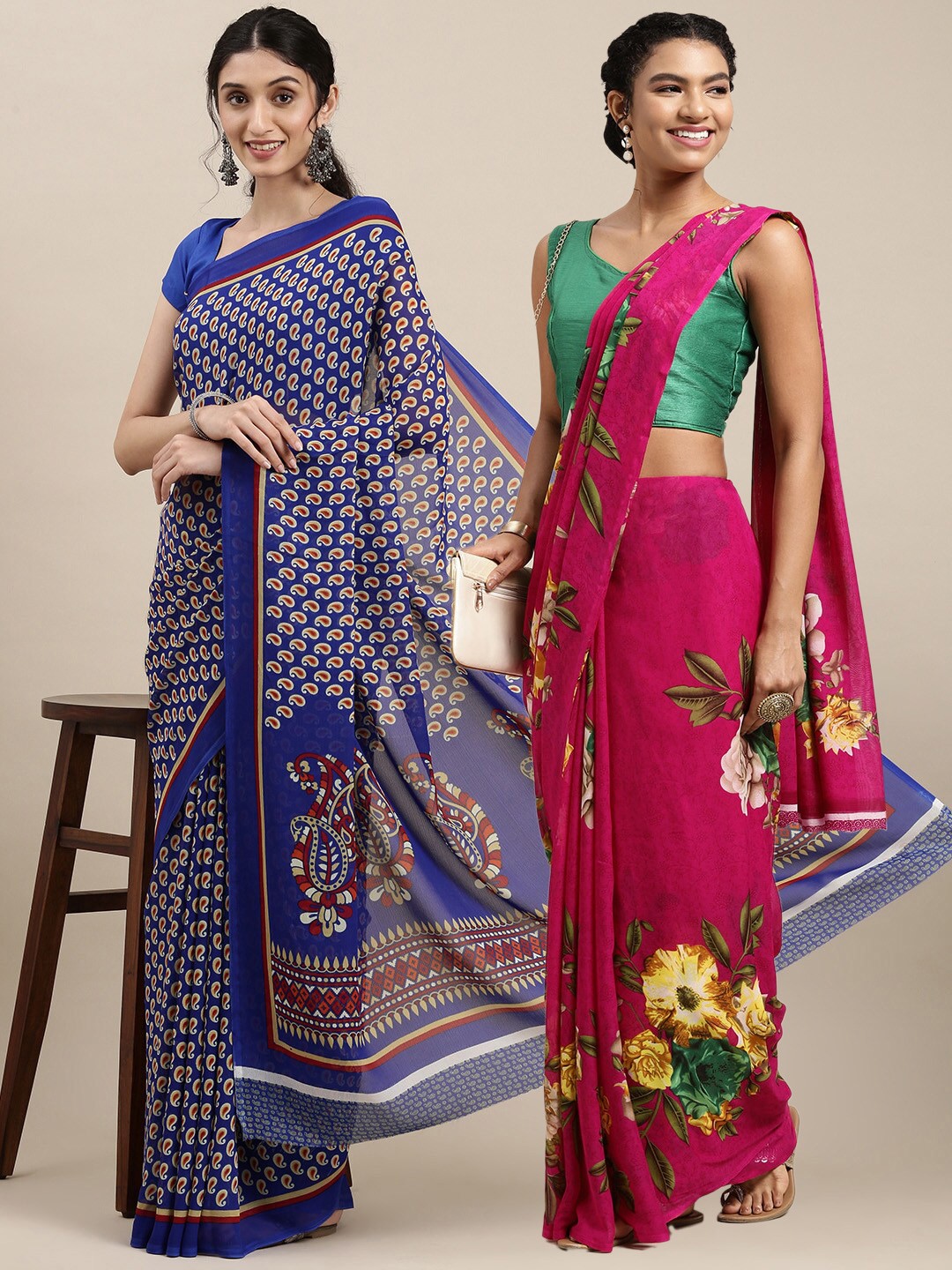 

KALINI Pack of 2 Floral Printed Saree, Pink
