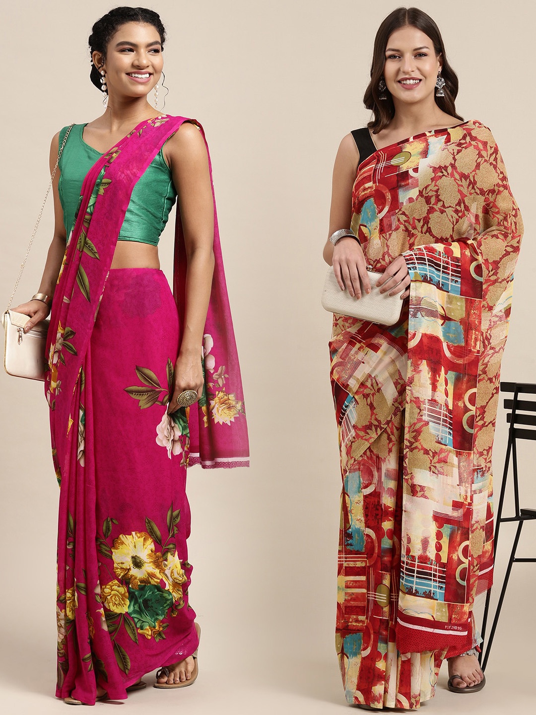 

KALINI Pack Of 2 Magenta & Red Floral Saree