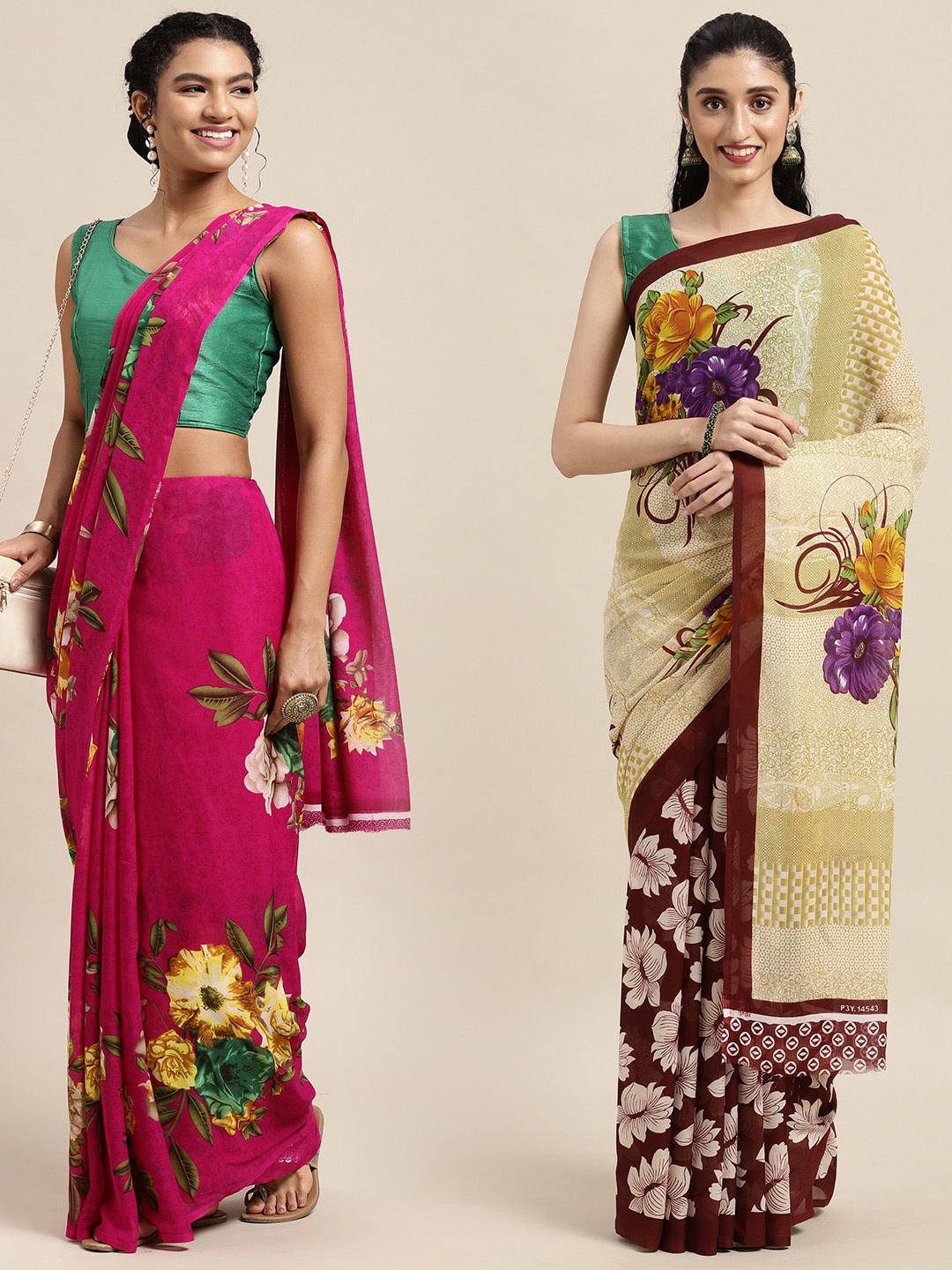 

KALINI Women Pack Of 2 Printed Sarees, Beige