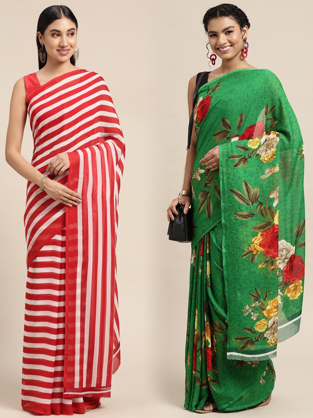 

KALINI Pack of 2 Printed Sarees, Green