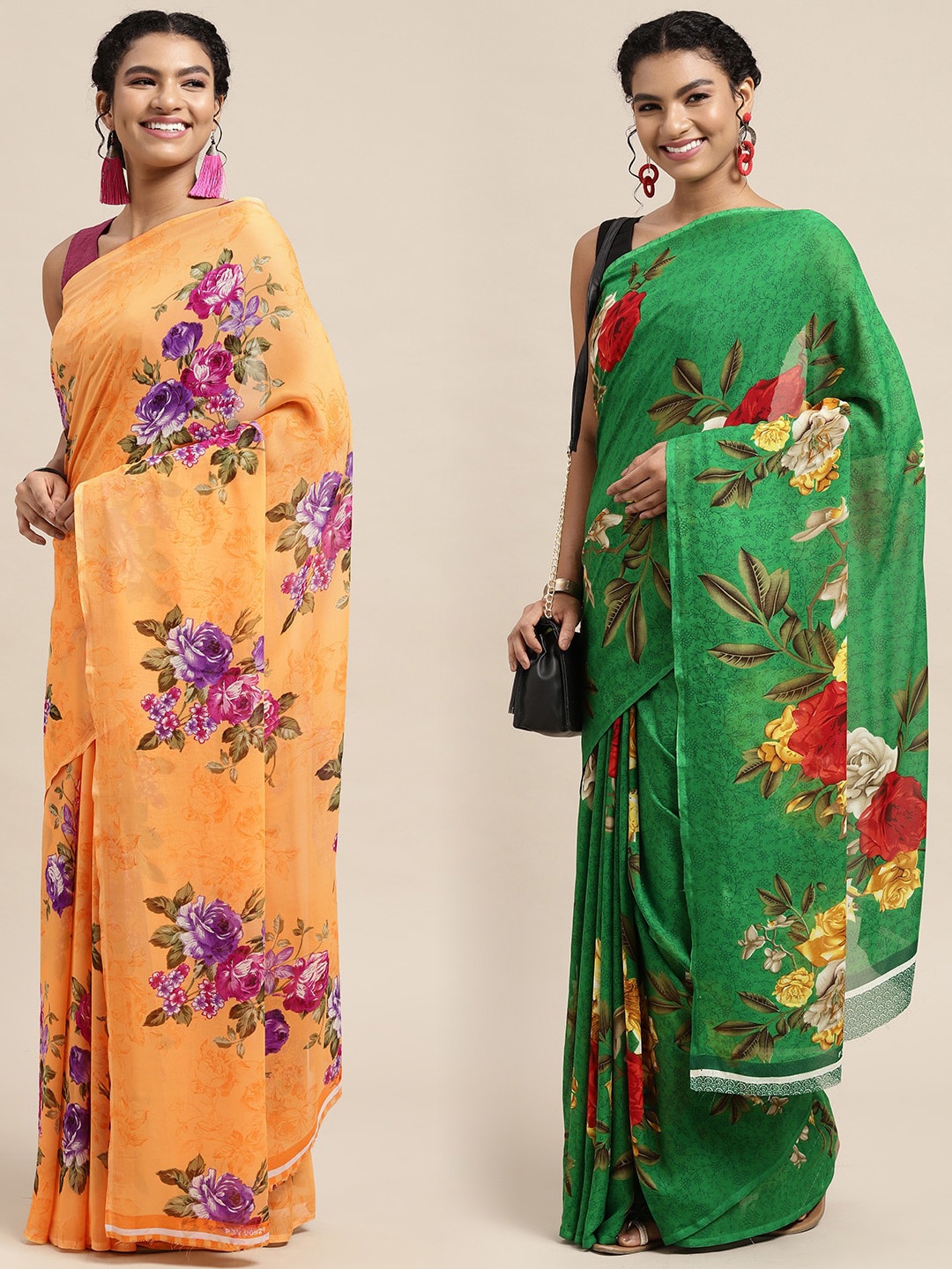 

KALINI Pack of 2 Floral Printed Saree, Green