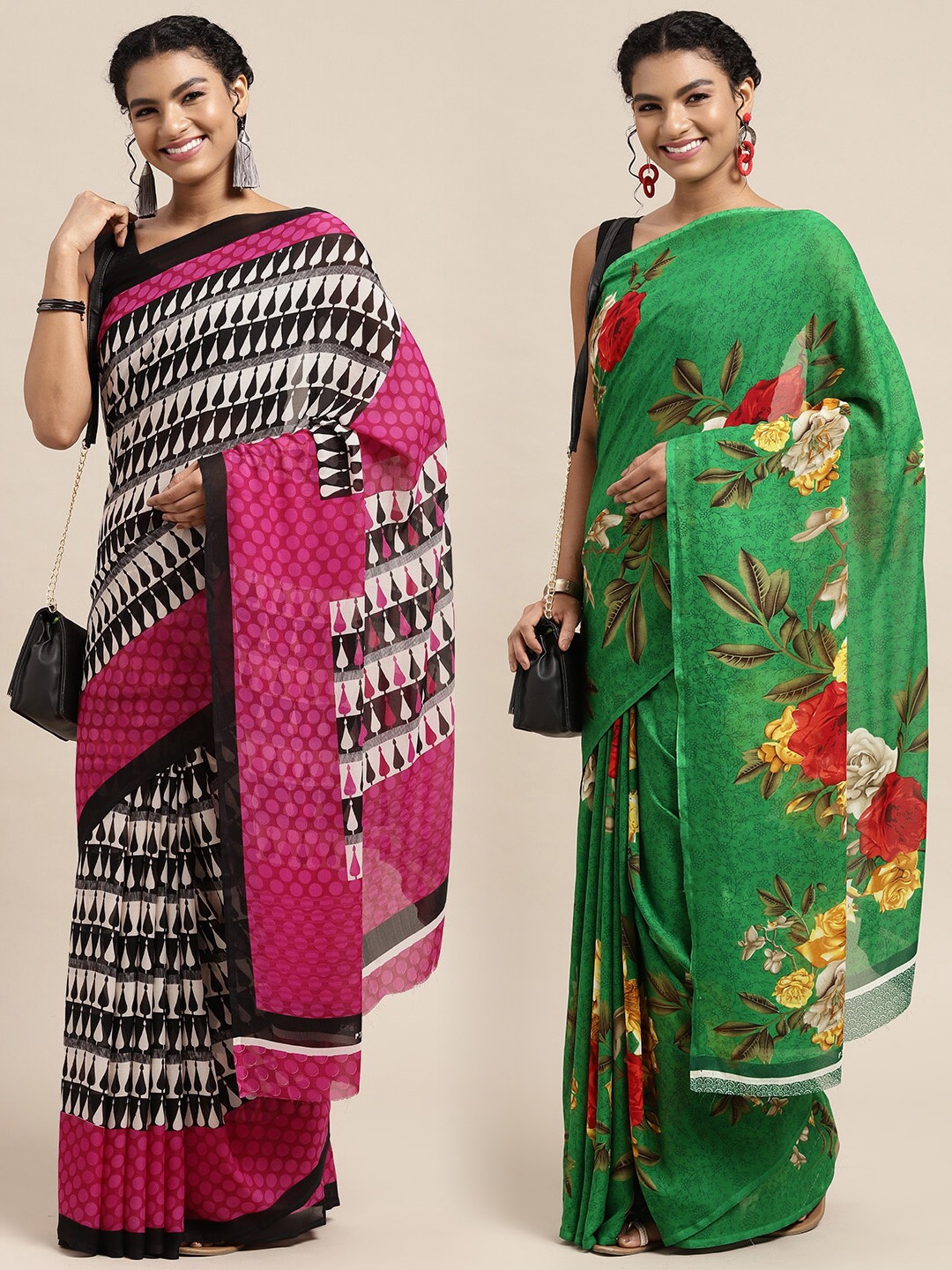 

KALINI Pack Of 2 Pink & Green Floral Saree