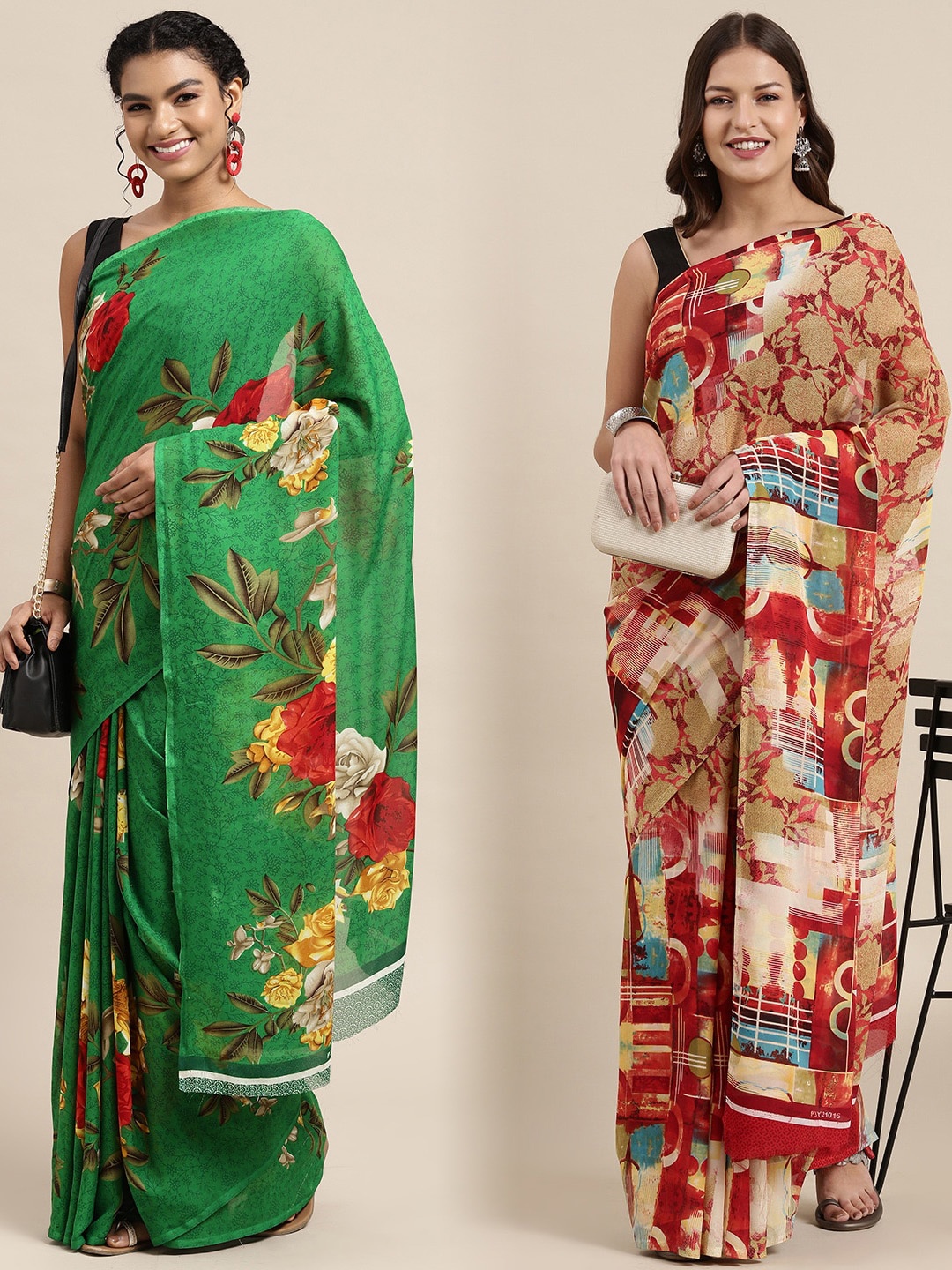 

KALINI Pack Of 2 Green & Red Floral Saree