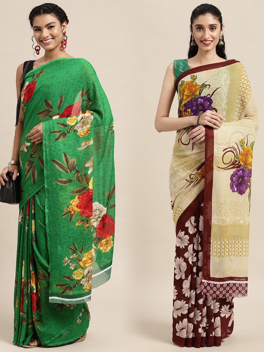 

KALINI Women Pack Of 2 Printed Sarees, Beige