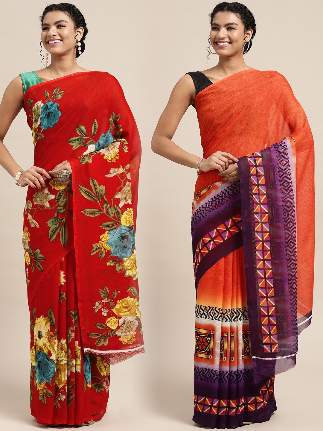 

KALINI Pack of 2 Printed Sarees, Red