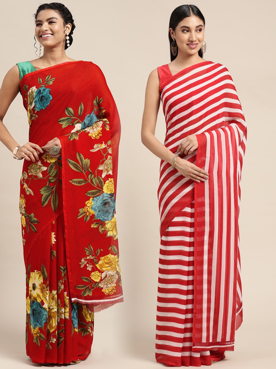 

KALINI Pack of 2 Printed Sarees, Red