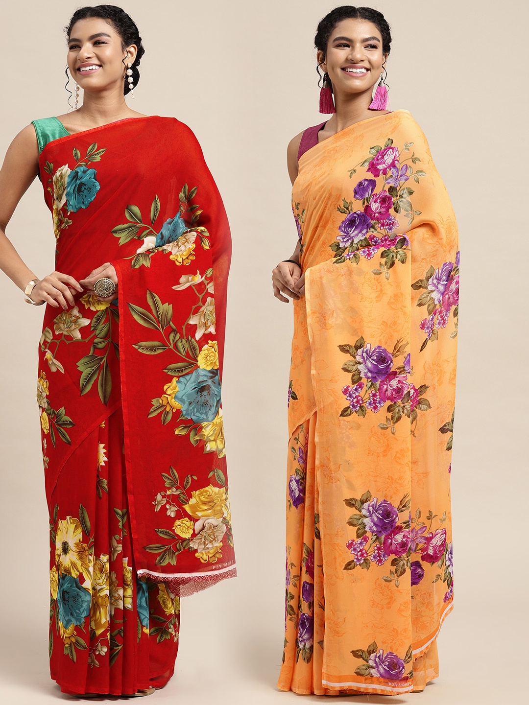 

KALINI Pack of 2 Floral Printed Saree, Red