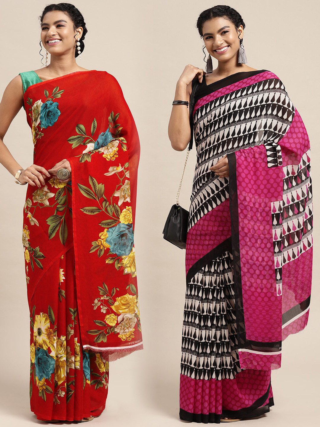 

KALINI Pack Of 2 Red & Pink Floral Saree