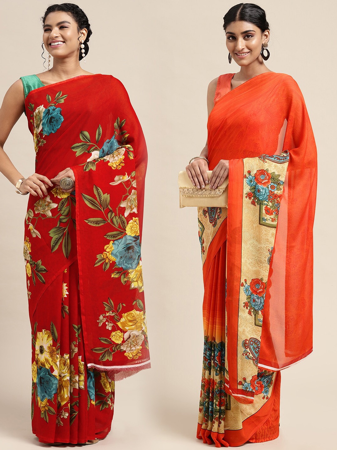 

KALINI Pack of 2 Printed Sarees, Red