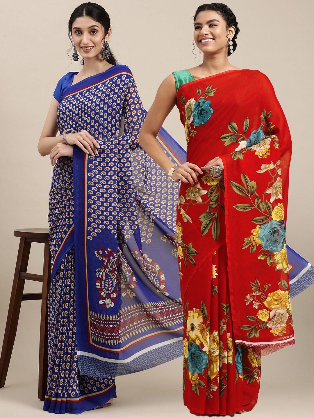 

KALINI Pack of 2 Floral Printed Saree, Red