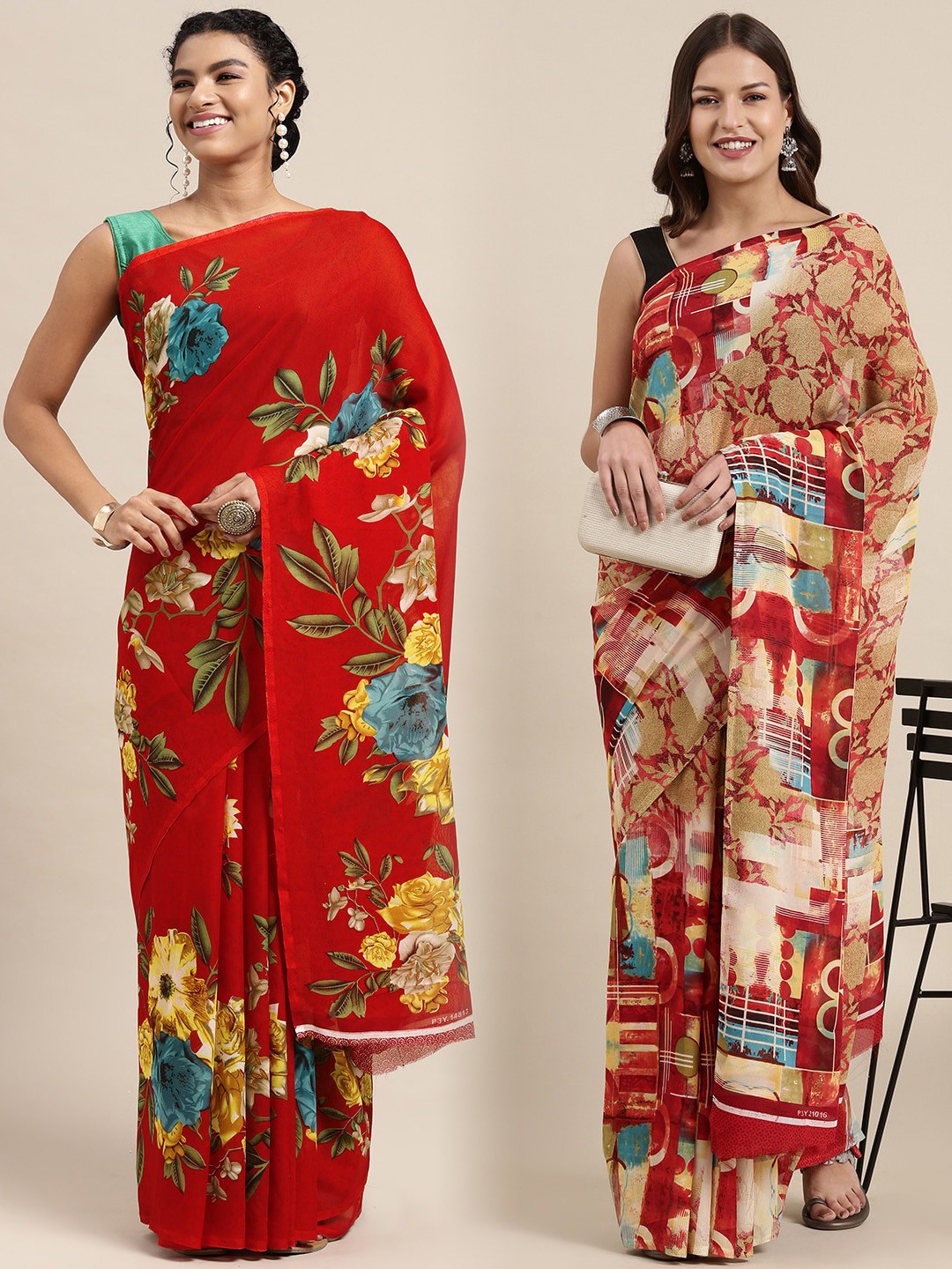 

KALINI Pack Of 2 Red & Yellow Floral Saree