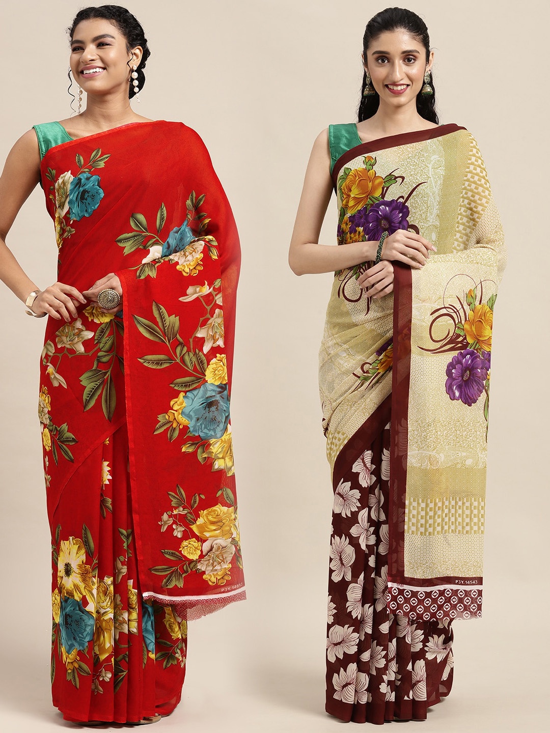 

KALINI Women Pack Of 2 Printed Sarees, Red
