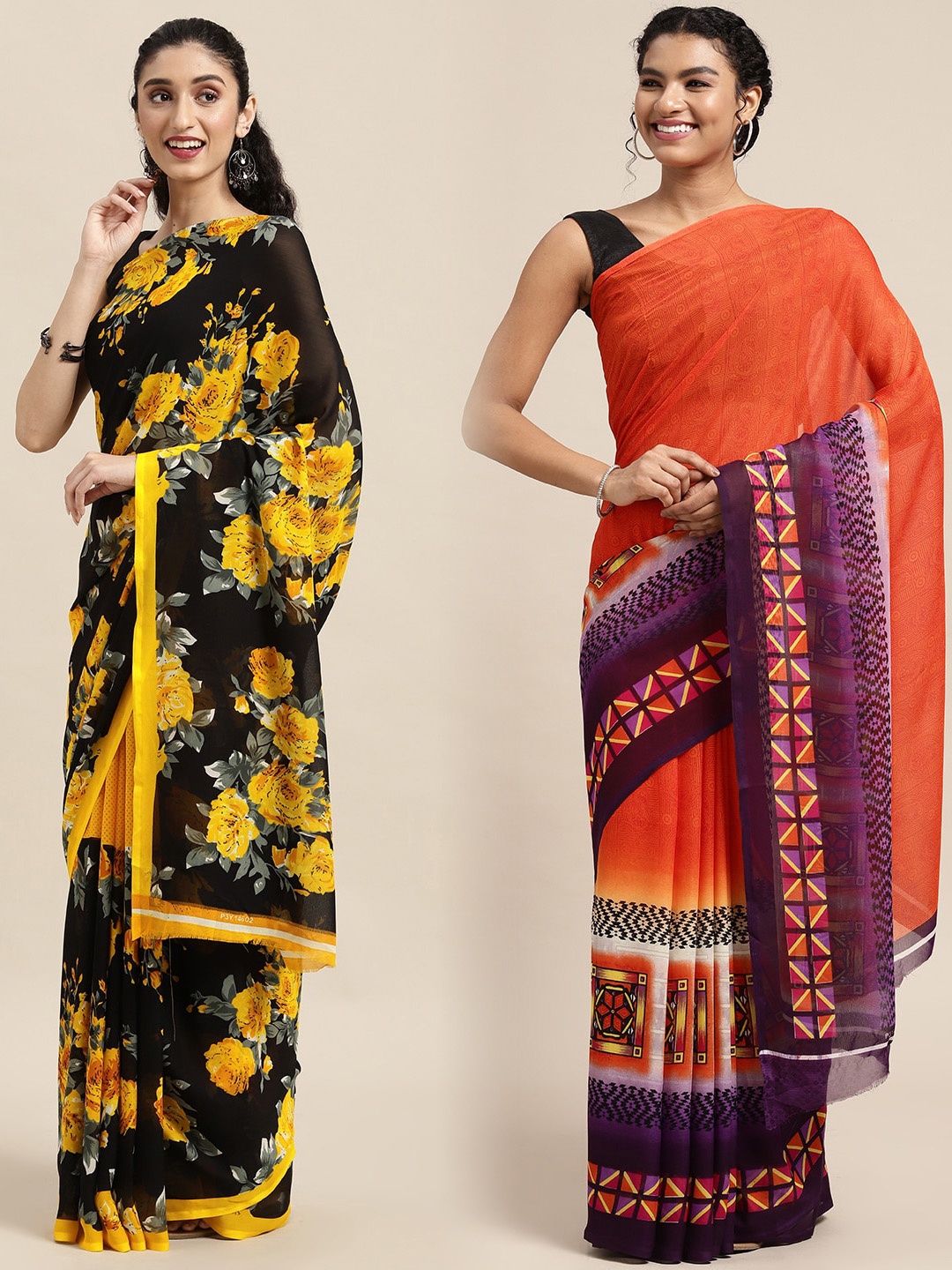 

KALINI Pack of 2 Printed Sarees, Black