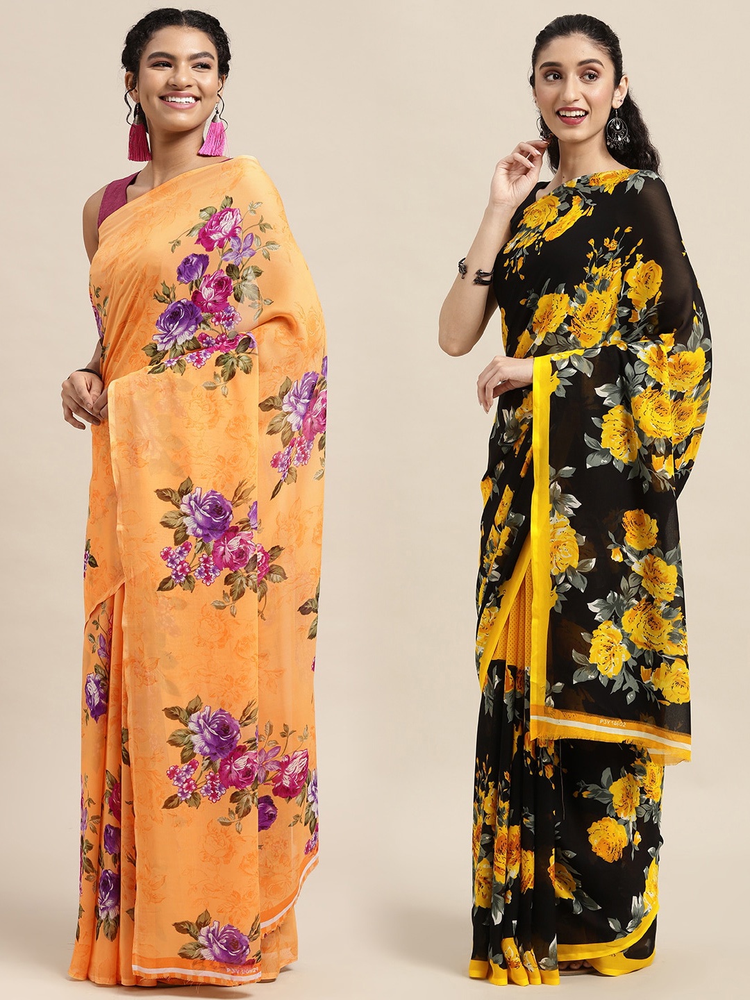 

KALINI Pack of 2 Floral Printed Saree, Black