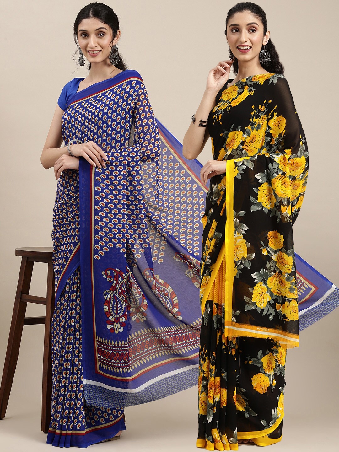 

KALINI Pack of 2 Floral Printed Saree, Black