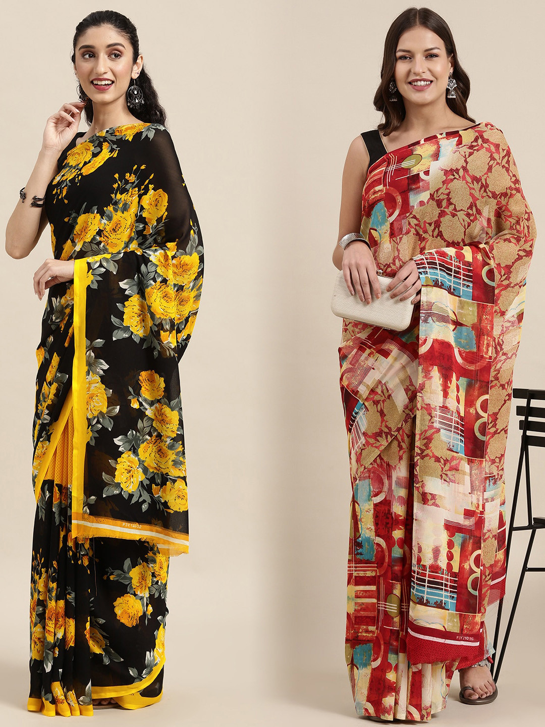 

ANAND SAREES Pack Of 2 Black & Red Floral Saree